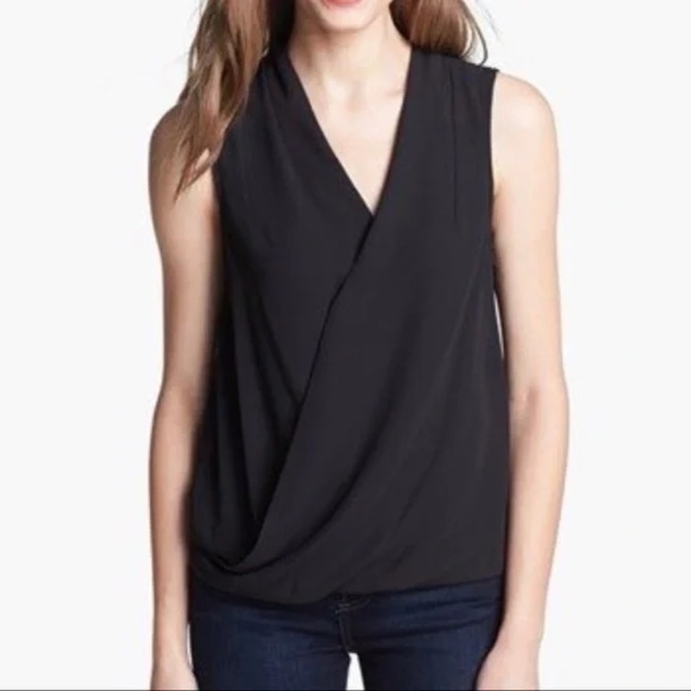 Vince Camuto Essentials Rich Black Faux Wrap Sleeveless Chiffon Top Snap closure - Picture 2 of 11